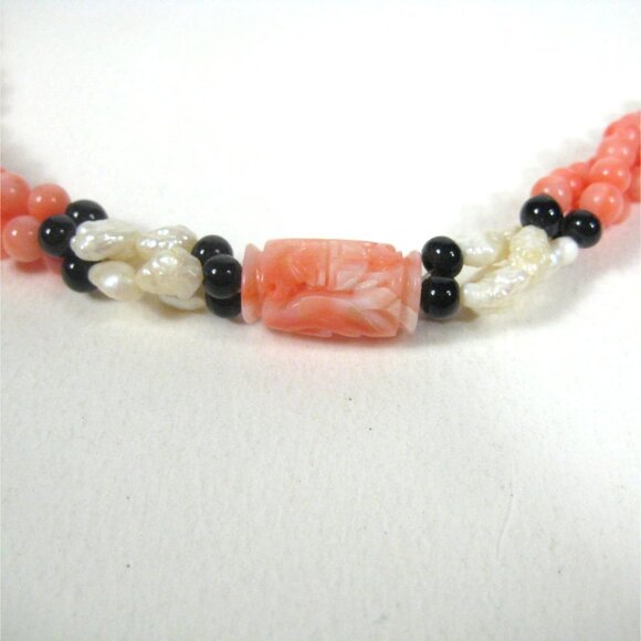 Vintage Coral Carved Bead Necklace Multi Strand Fresh Water Pearls 25 inch - Picture 2 of 13